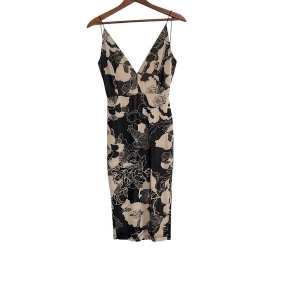 Floral Sleeveless Midi Bodycon Dress Black Tan Size Large - Picture 2 of 7